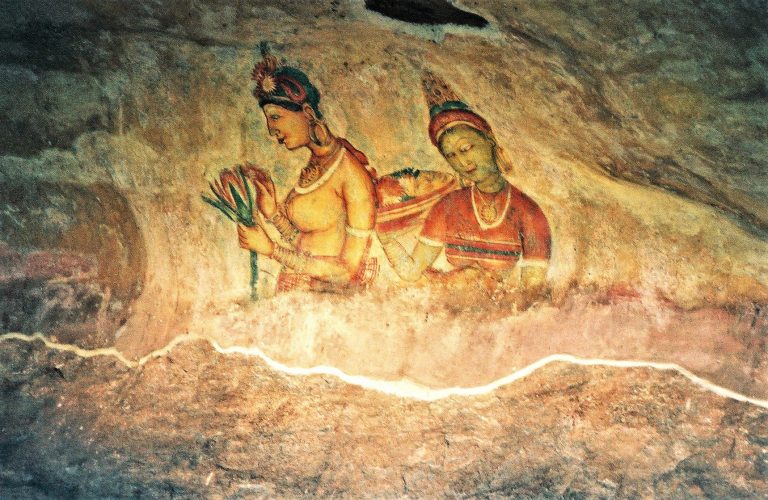Ancient cloud-maiden frescoes on Sigiriya Rock