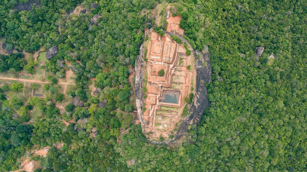 Aerial view of the ruined palace on top of Sigiriya Rock