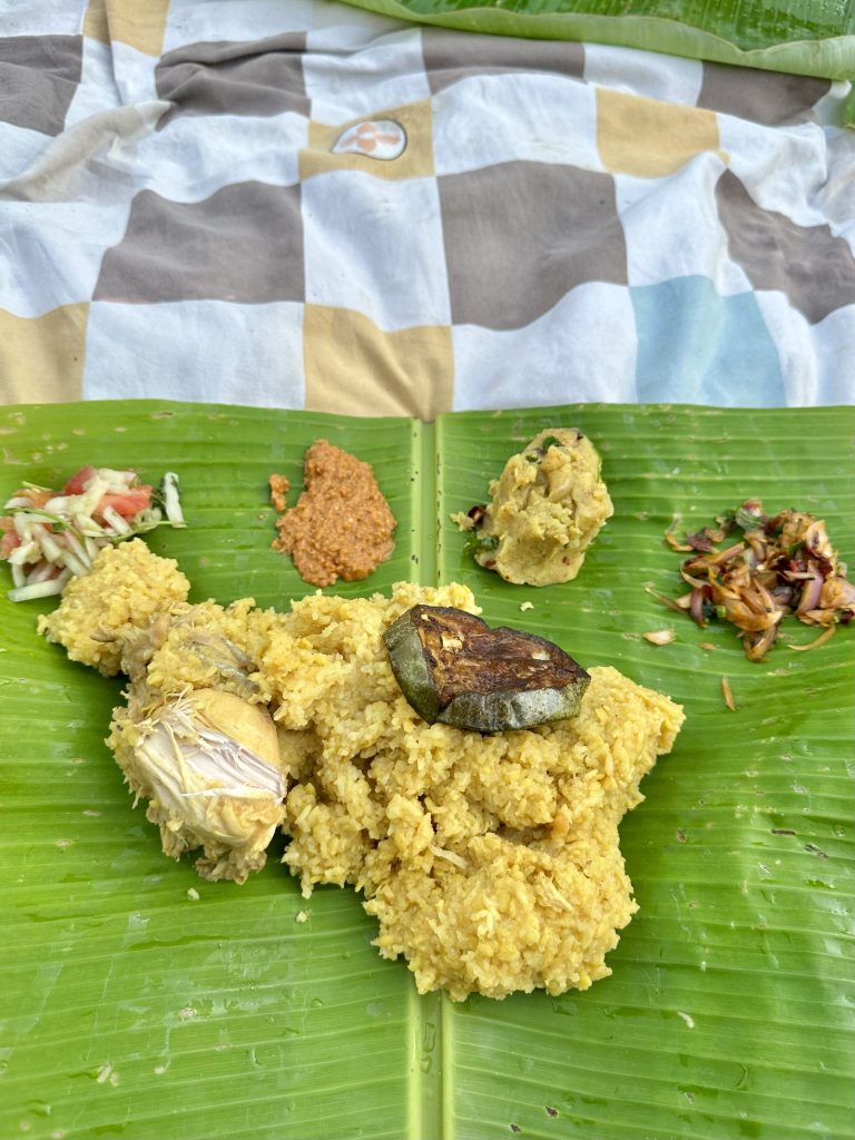 Home Sri Lankan rice and curry on a banana leaf