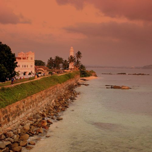 Galle Fort lighthouse and ramparts at dusk, Sri Lanka