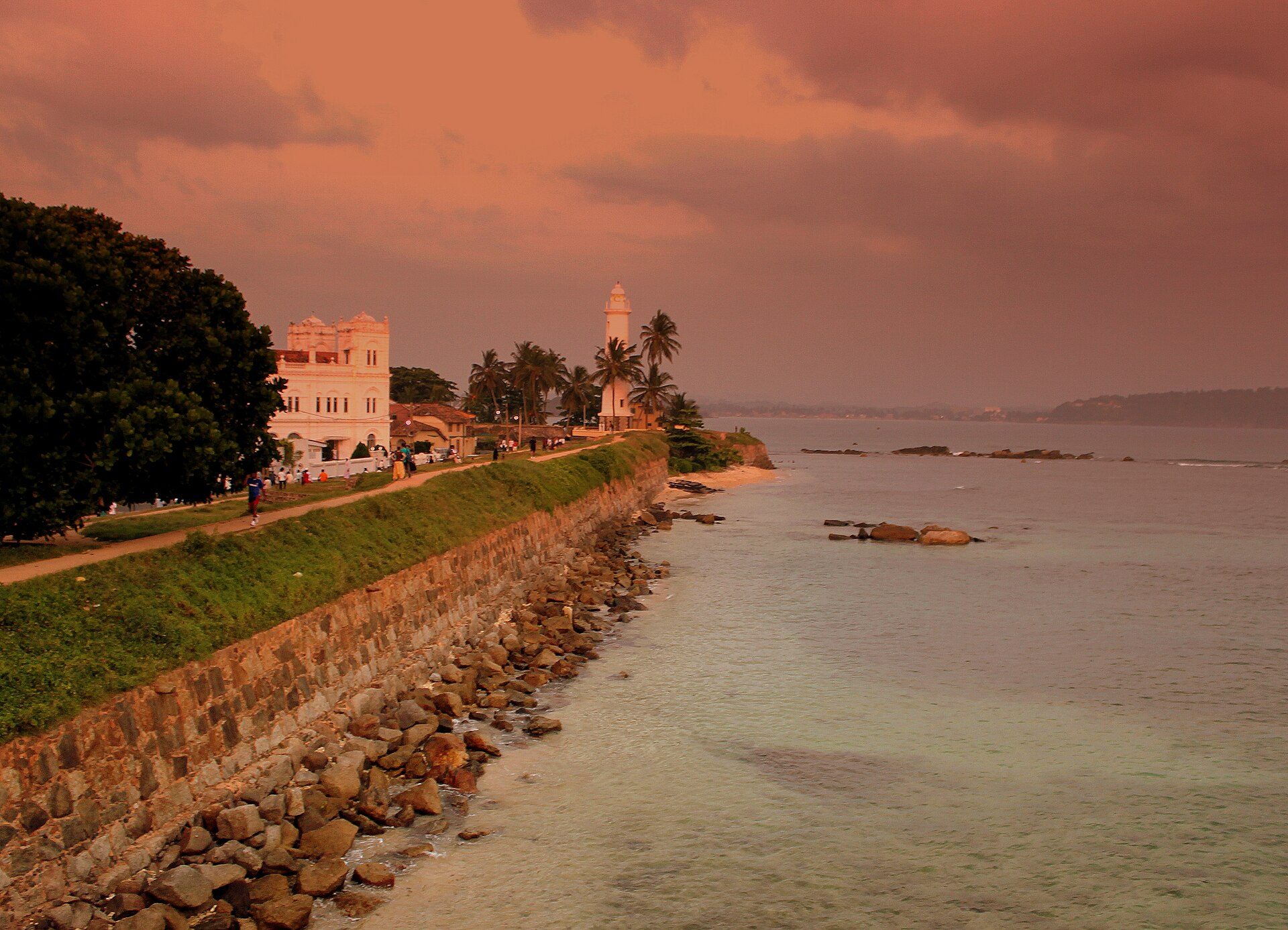 Galle Fort lighthouse and ramparts at dusk, Sri Lanka