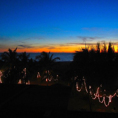 Sunset over the sea with fairy lights in the palms, Sri Lanka