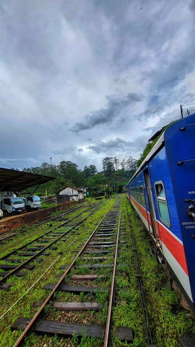Blue hill-country train in Sri Lanka